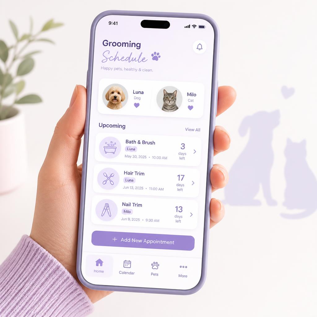 Aplicativo Fica Fácil Pet Shop aberto no celular mostrando a agenda de banhos